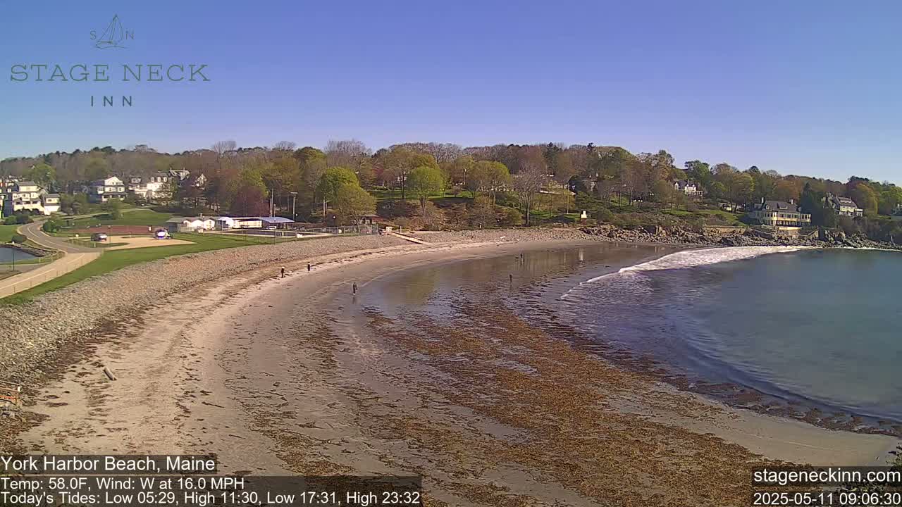 A sandy beach curves around a calm bay under a clear blue sky, with a few people visible on the shore and in the water, backed by a grassy hill with houses and trees.