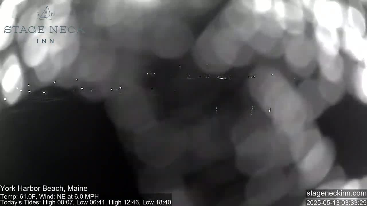 A nighttime, blurry view of a dark beach with faint lights in the distance under a cloudy sky, a slight northeast wind present.
