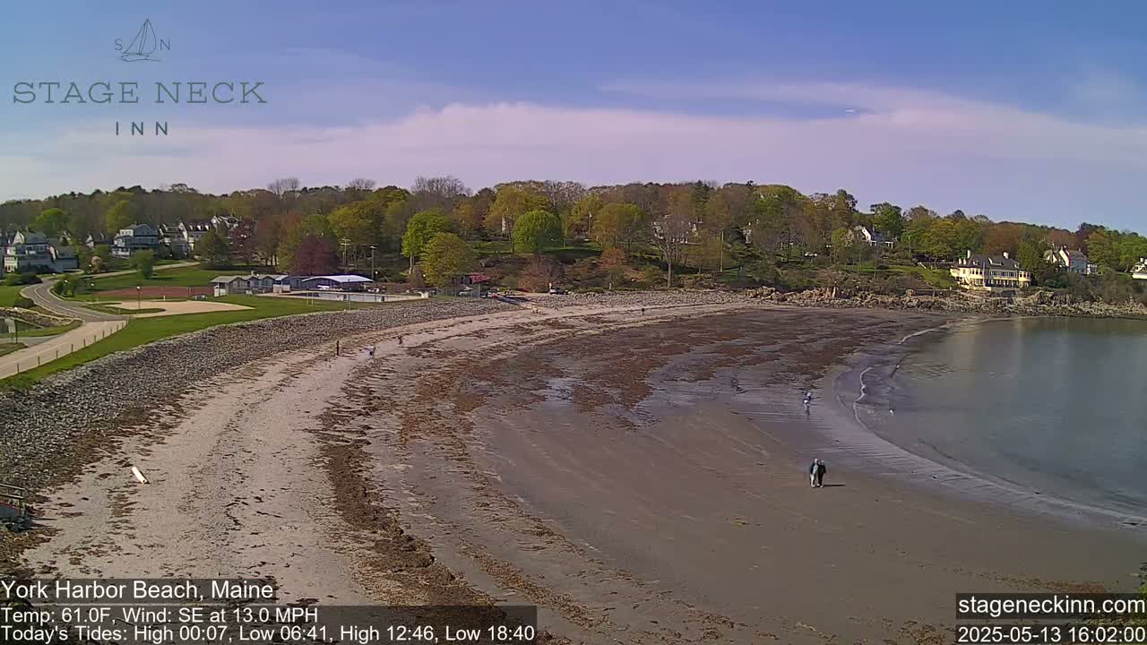 A sandy beach with a few people walking on it, overlooks calm water and a tree-lined hillside on a sunny day with a southeast wind.