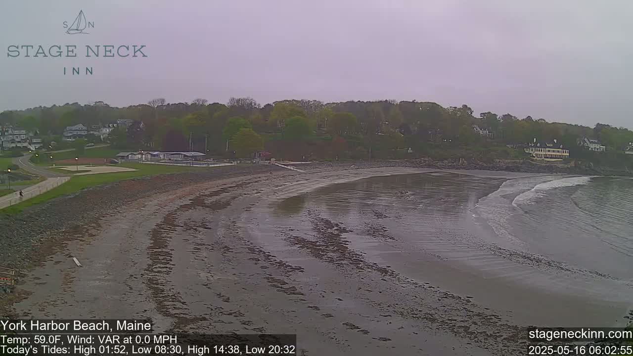 A mostly overcast sky hangs over a sandy beach with calm waves lapping the shore, backed by a line of trees and buildings.