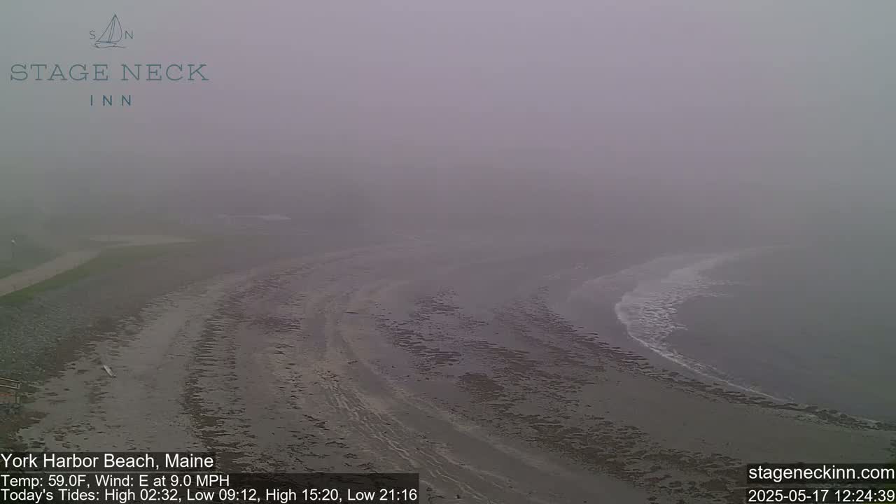 A foggy beach scene shows a calm body of water meeting a sandy shore, with faint wave patterns visible in the water.