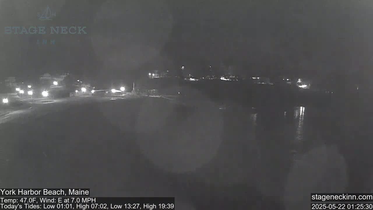 A nighttime, low-light view of a dark road and body of water, with a few distant lights visible.