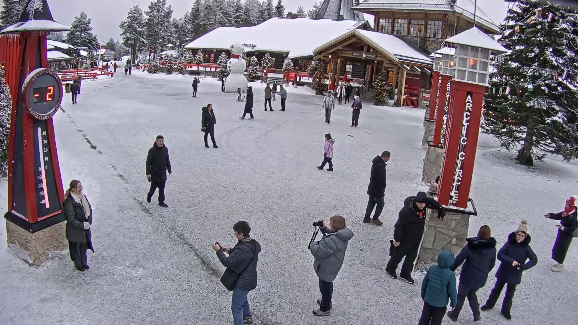 A snowy plaza with several people walking around, a large snowman, and buildings in the background, showing a temperature of -2 degrees.