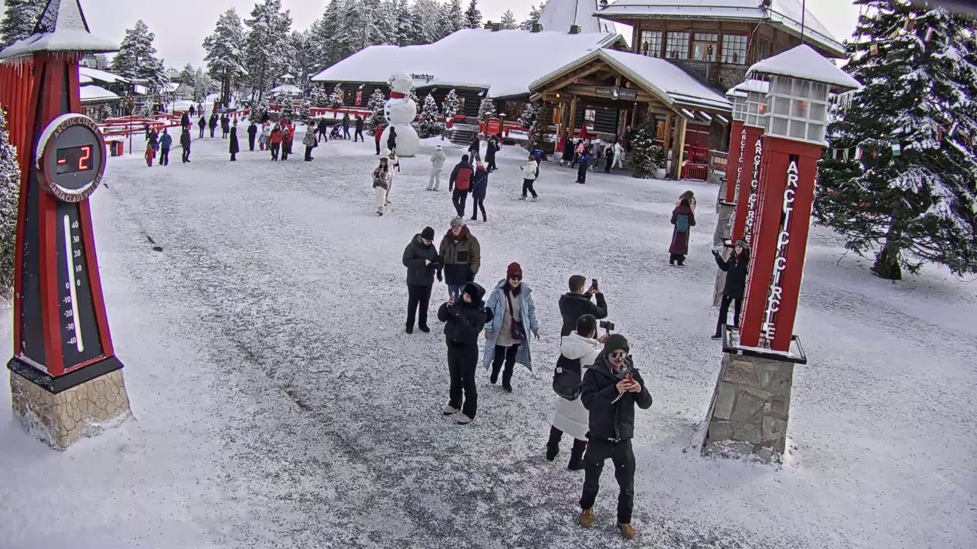A snowy, outdoor scene shows numerous people milling around a plaza in front of a building, with a large snowman nearby and a thermometer displaying -2 degrees.