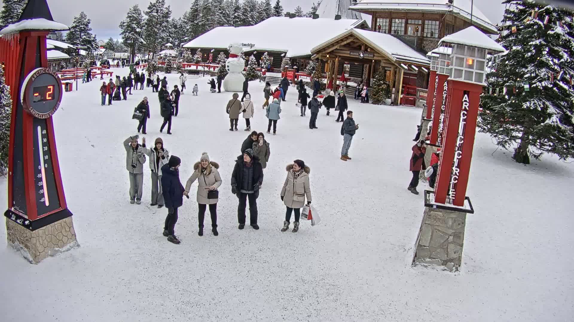 A snowy plaza with many people, a large snowman, and several buildings is visible, with a thermometer displaying -2 degrees.