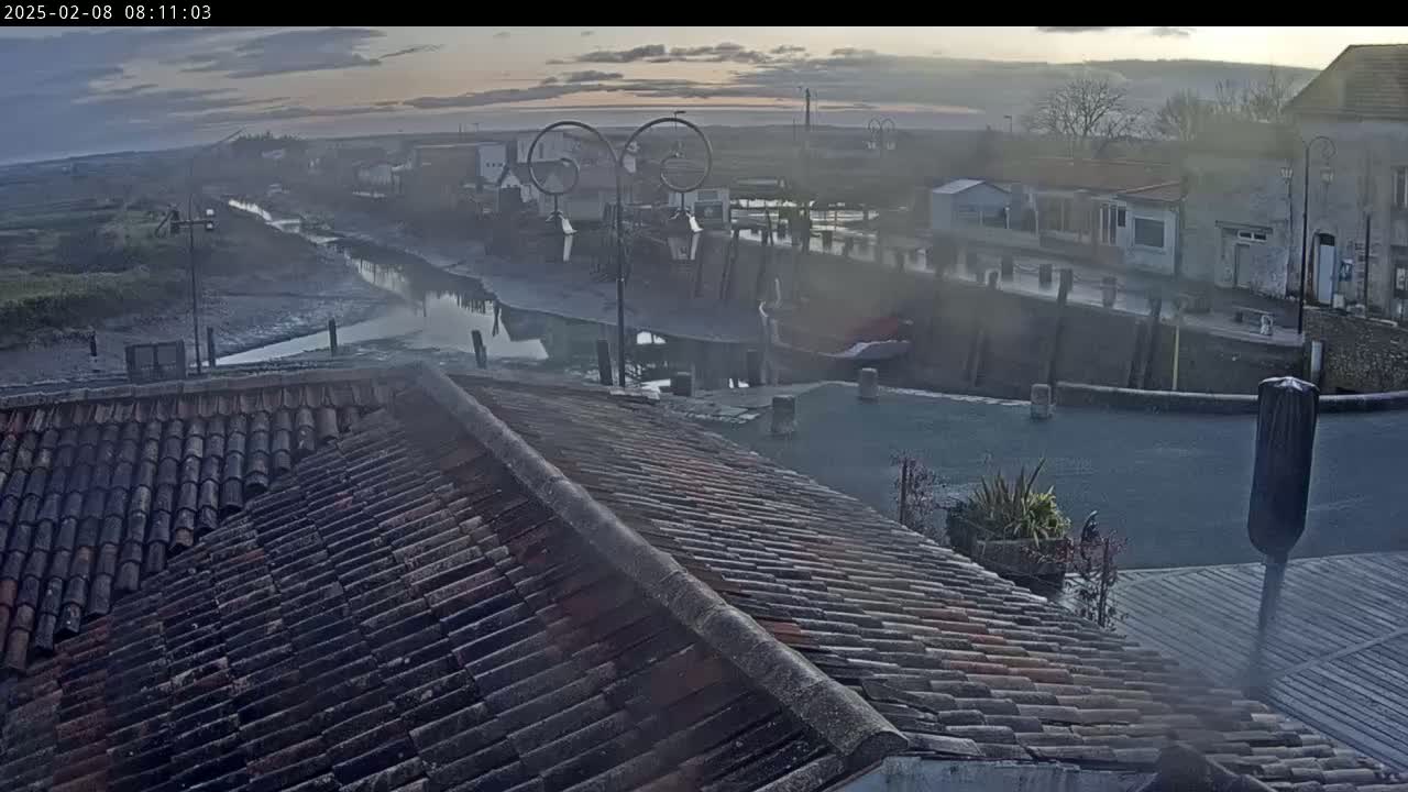 A view from a tiled roof shows a hazy, overcast morning over a calm waterway lined with buildings and a muddy shore.