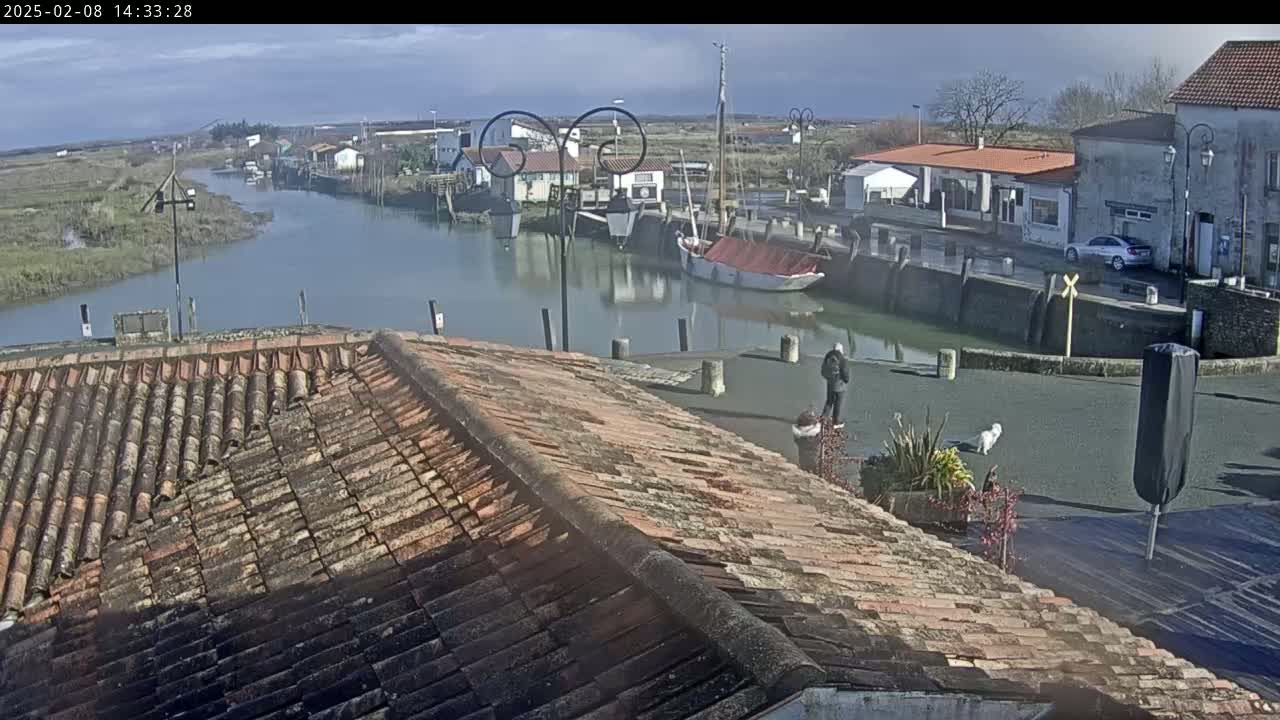 A mostly sunny view of a waterway with boats, buildings, and a person walking along a paved area, seen from a rooftop with terracotta tiles.
