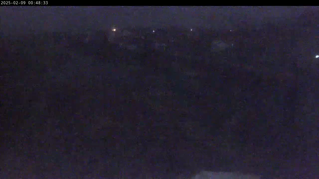 A dark, nighttime scene shows a distant, indistinct collection of lights against a mostly dark, blurry landscape under a dark sky.