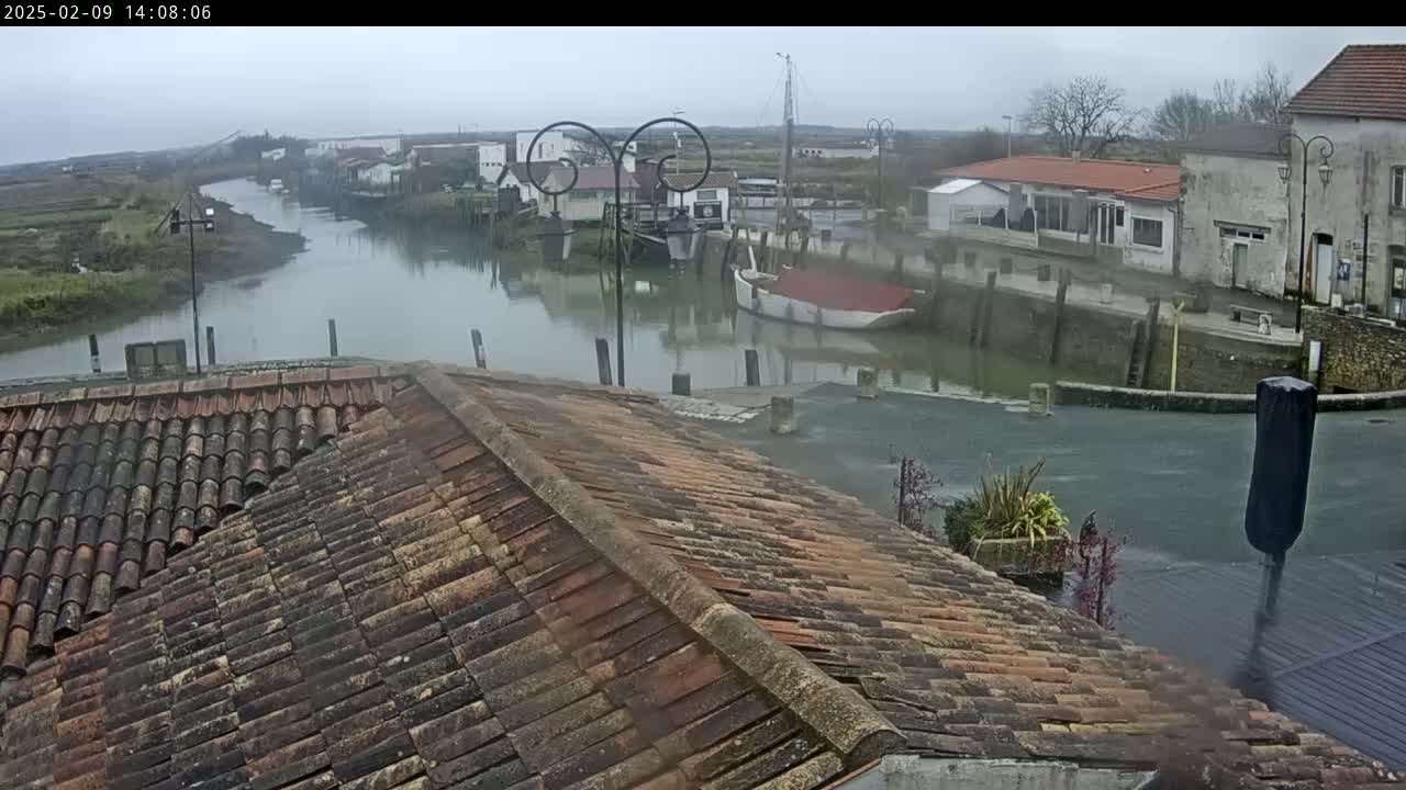 A view from a tiled roof shows a calm waterway next to a village of low buildings under an overcast sky.