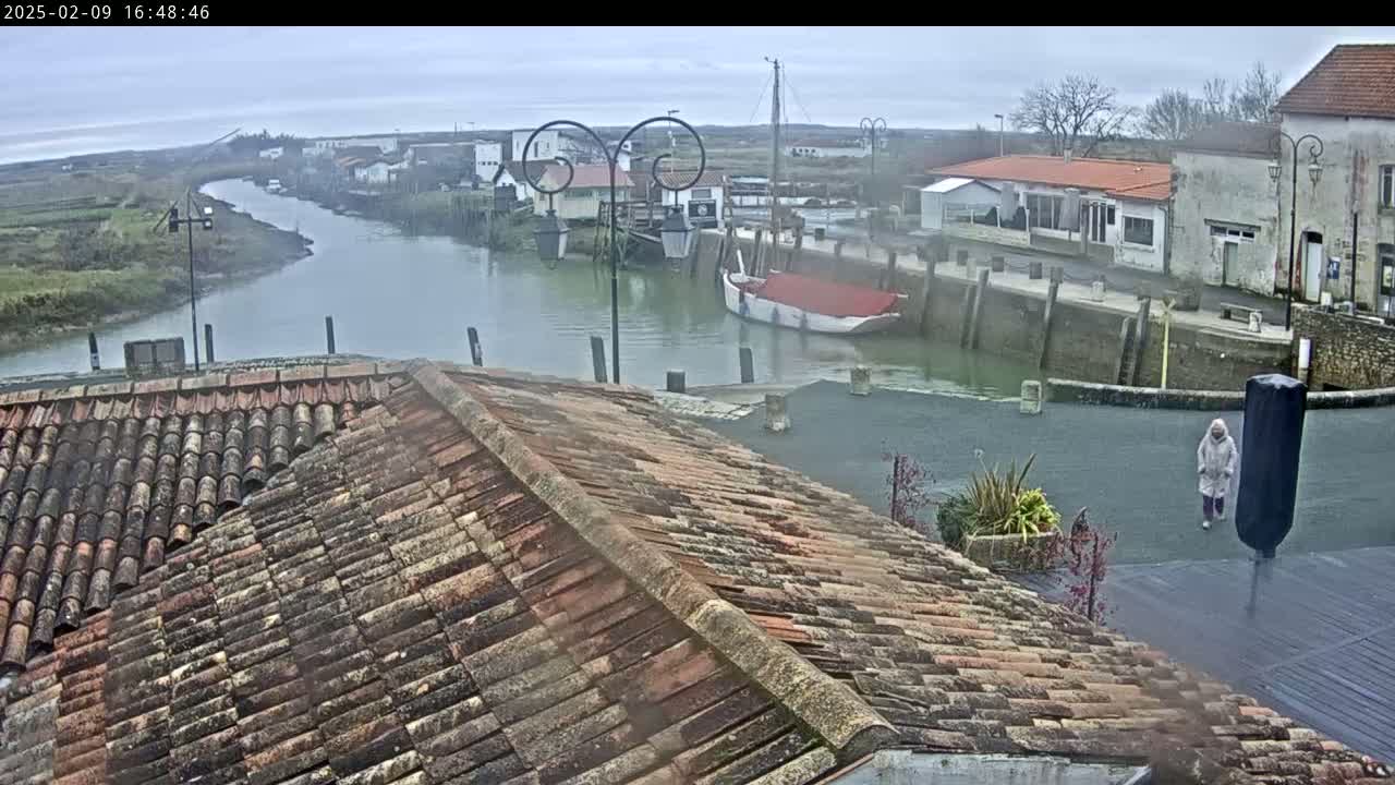 A tiled roof overlooks a waterway with docked boats and buildings under an overcast sky.