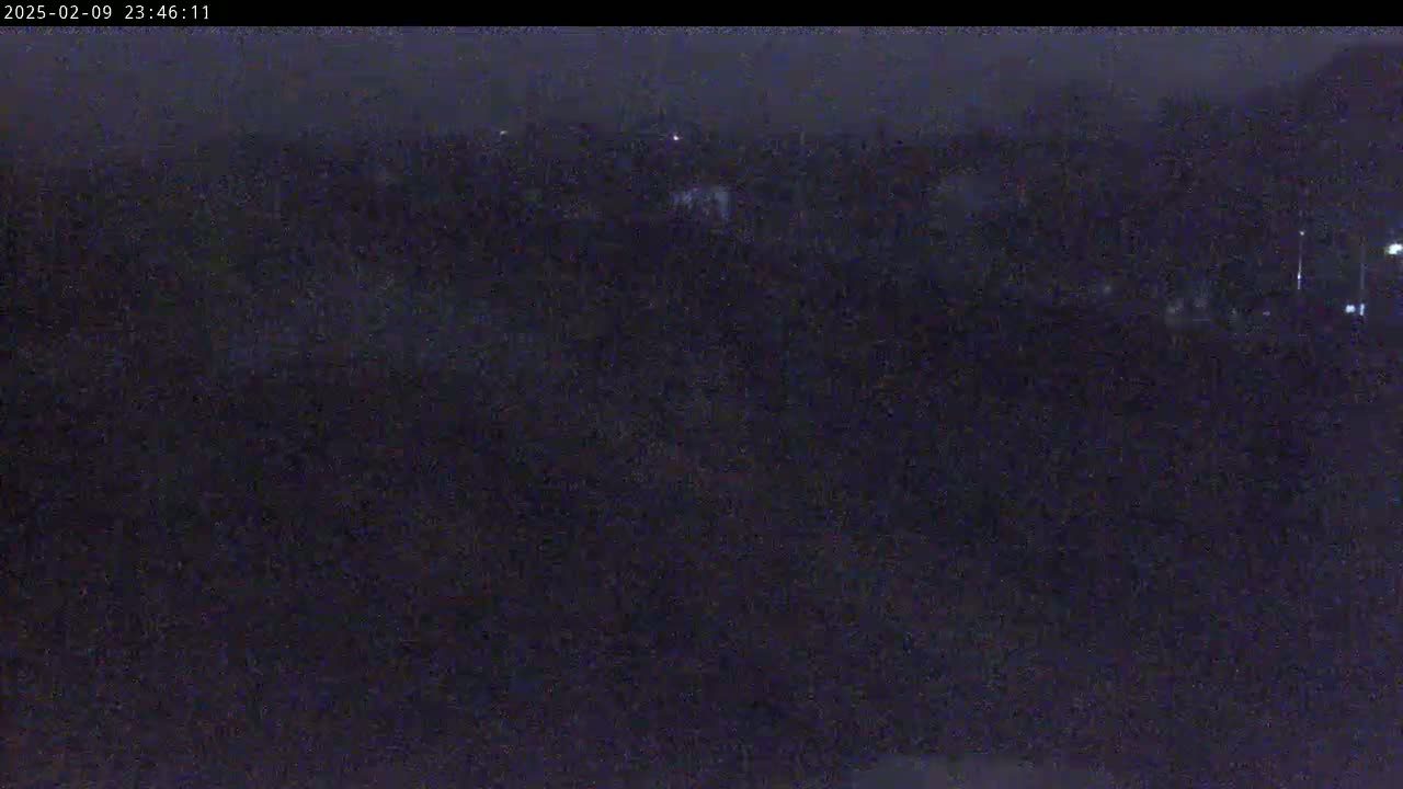 A dark, nighttime view of a landscape with faint lights in the distance under a clear sky.