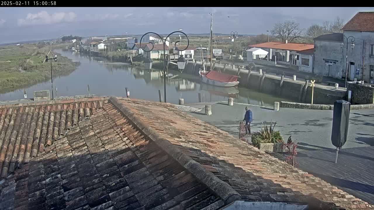 A person walks near a waterway in a small town under a partly cloudy sky, viewed from a tiled roof.