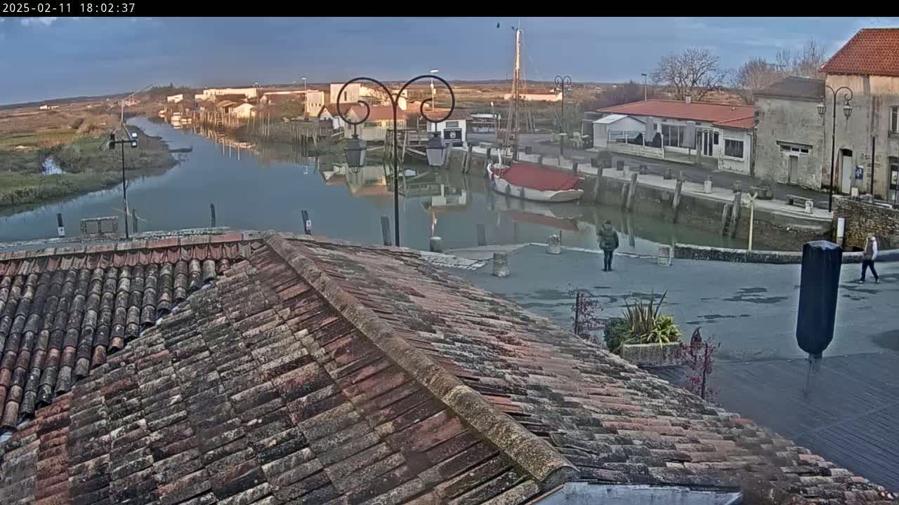 A view from a tiled rooftop shows a calm waterway next to a small village under an overcast sky.