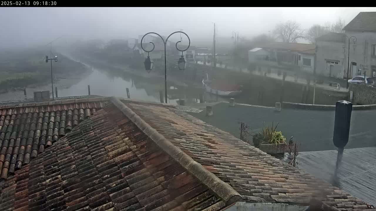 A tiled roof overlooks a foggy waterway and buildings in a village.