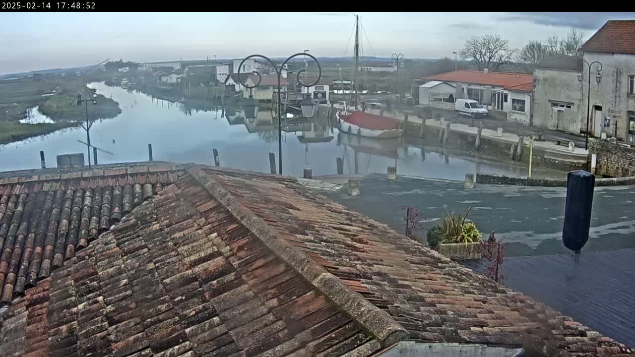 A tiled roof overlooks a calm waterway where several boats are moored near buildings in an overcast setting.