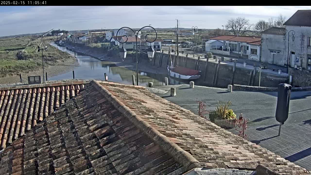 A tiled roof overlooks a calm waterway in a small harbor town under a sunny sky.