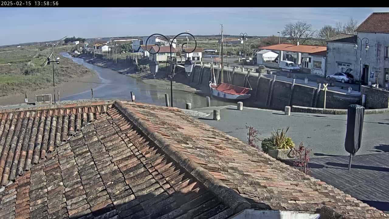 A view from a tiled roof overlooks a calm waterway, a small harbor with boats, and a village under a sunny sky.