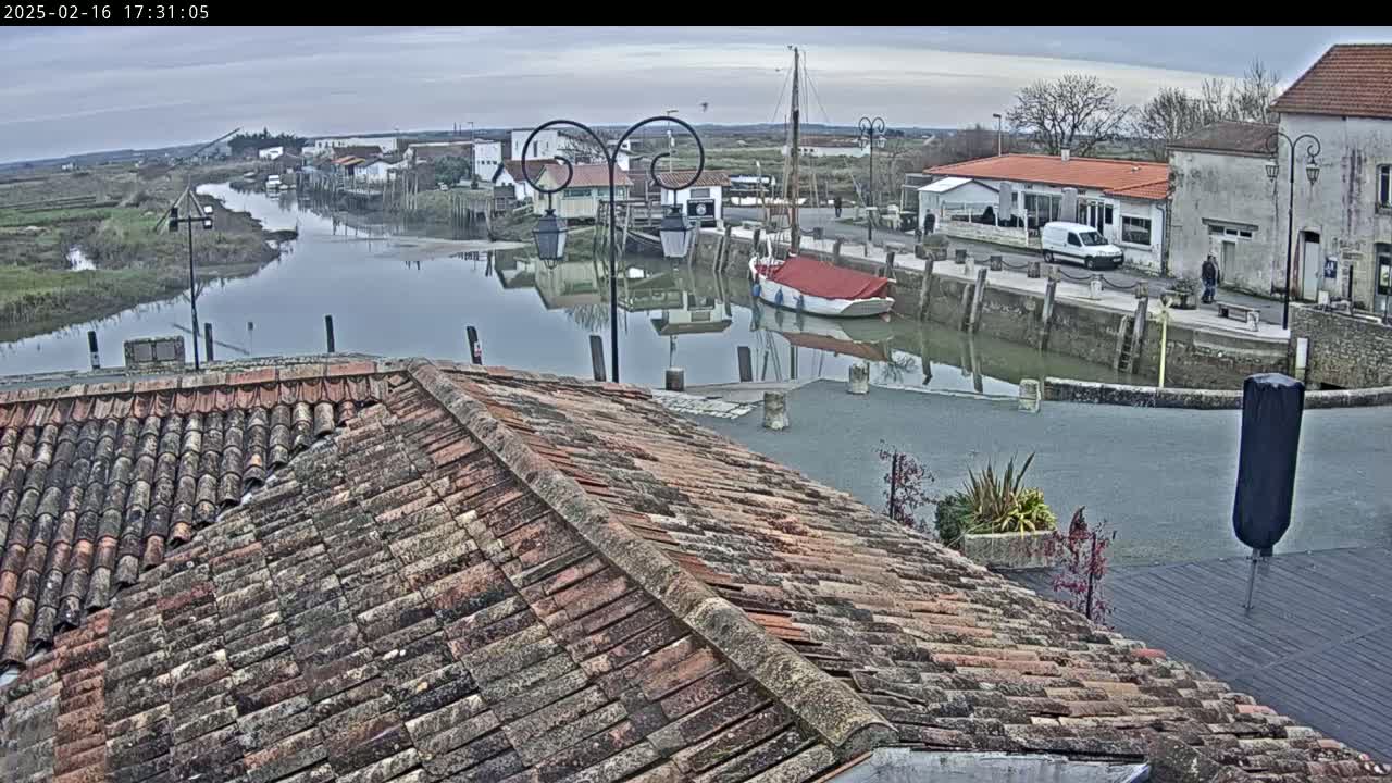 A red-tiled roof overlooks a calm waterway with moored boats and buildings under an overcast sky.
