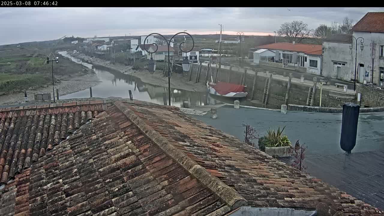 A view from a tiled rooftop overlooks a calm river flowing through a small village under an overcast sky.
