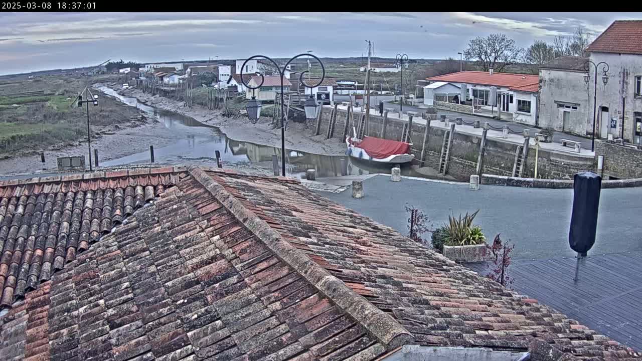 A tiled roof overlooks a calm waterway at low tide, with buildings and a docked boat visible in a mostly cloudy, overcast setting.