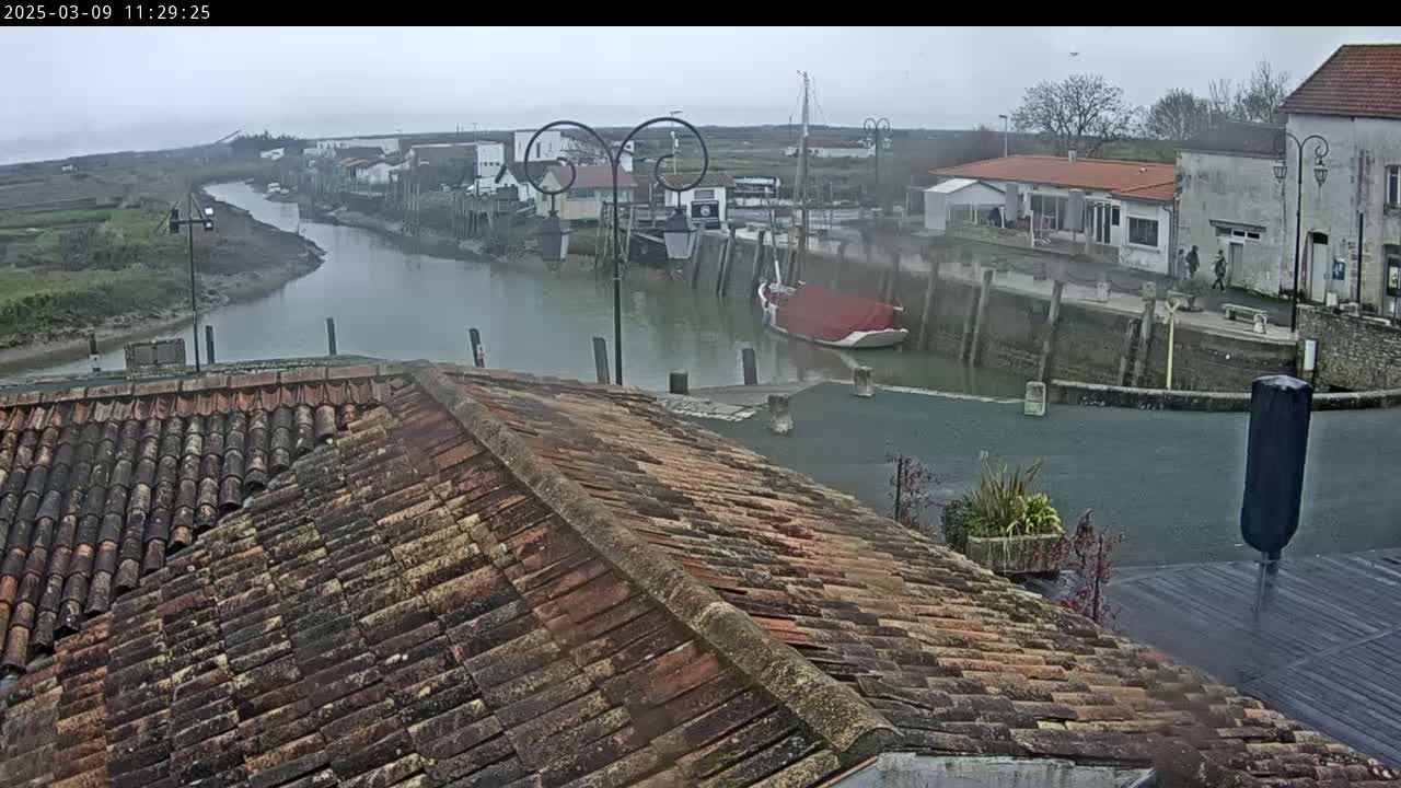 A view from a tiled rooftop shows a calm river curving through a village on an overcast day.