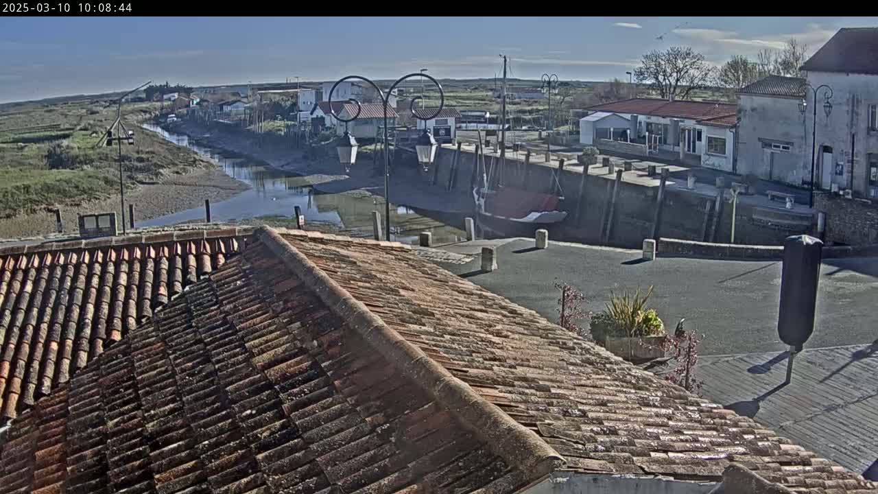 A terracotta roof overlooks a small harbor with boats, buildings, and a calm waterway under a mostly sunny sky.