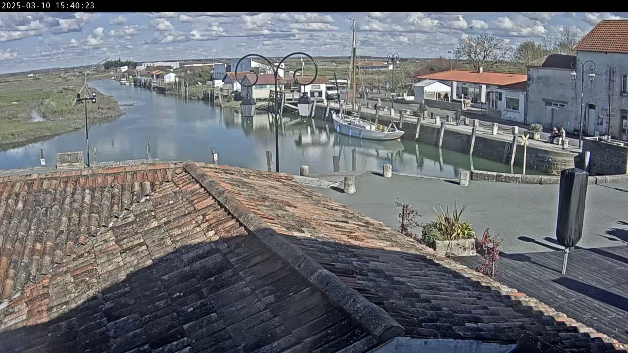 A partly cloudy day overlooks a tranquil waterway with docked boats and buildings along a waterfront, viewed from a tiled rooftop.