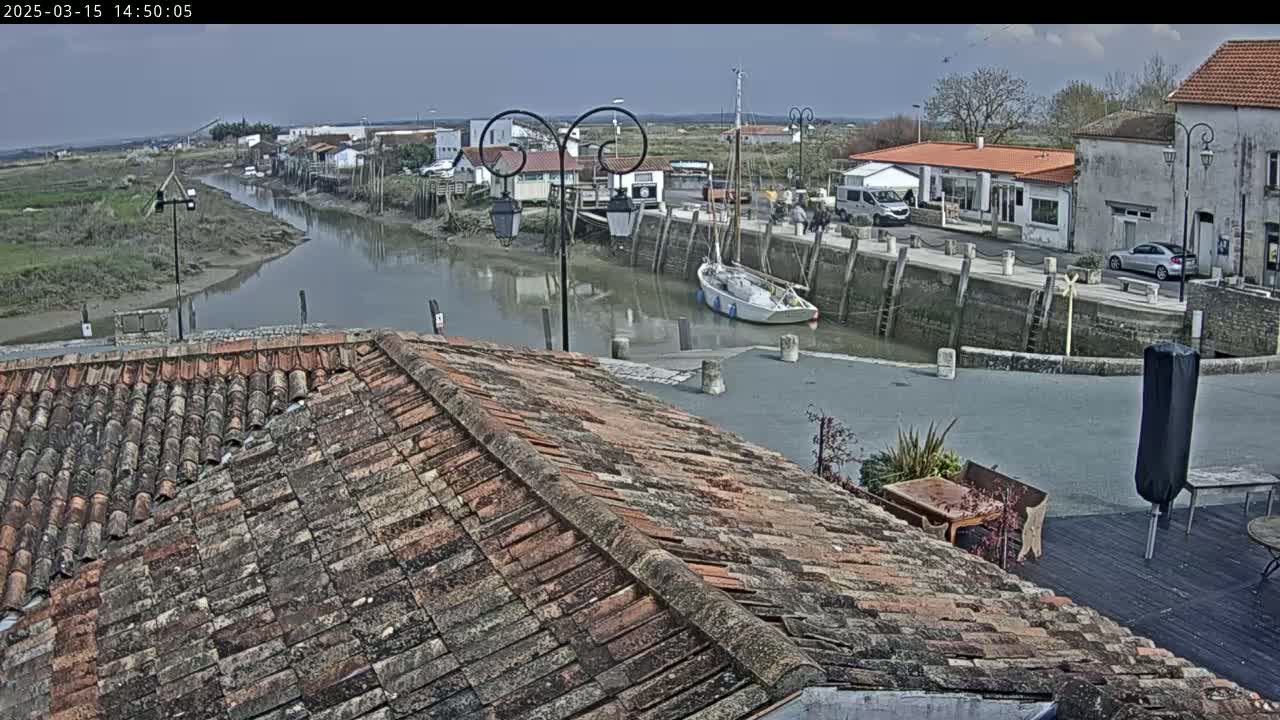 A view from a tiled roof overlooks a calm waterway with docked sailboats and a village under a partly cloudy sky.