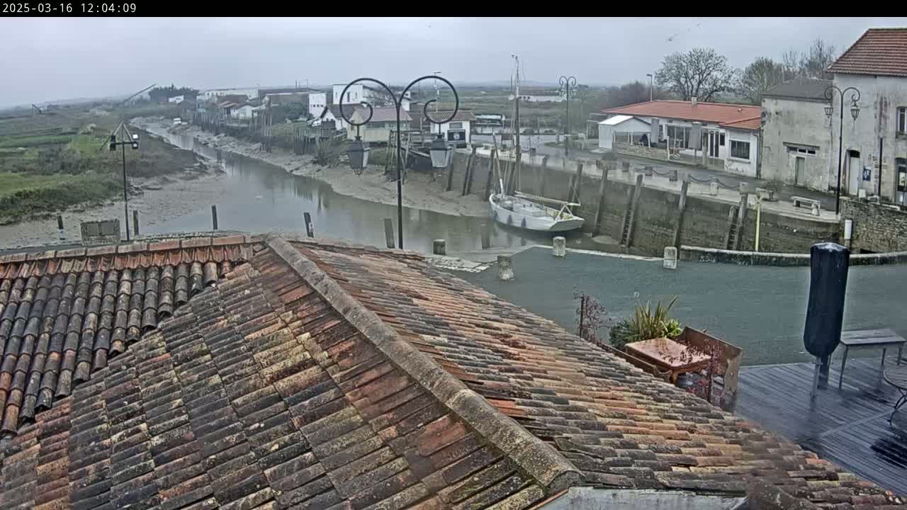 A view from a tiled roof shows a small harbor with a sailboat and buildings under an overcast sky.
