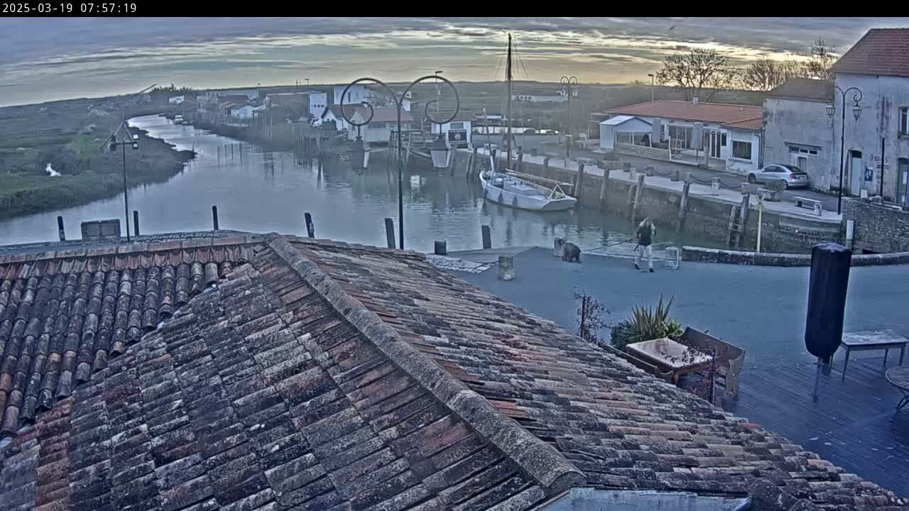 A view from a tiled roof shows a calm river with boats moored alongside a waterfront village under a cloudy, twilight sky.