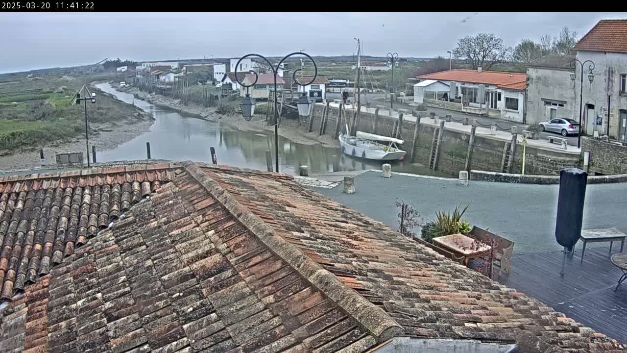 A view from a tiled roof shows a calm river flowing past a small village with buildings and a sailboat docked, under an overcast sky.