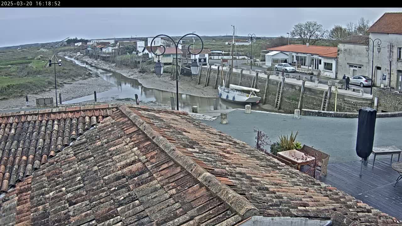 A view from a tiled roof overlooks a calm waterway, with boats docked at a small harbor under an overcast sky.