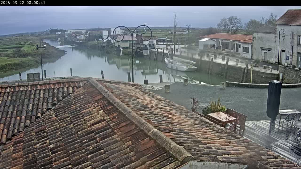 A view from a tiled roof shows a calm waterway with boats and buildings along its banks on an overcast day.