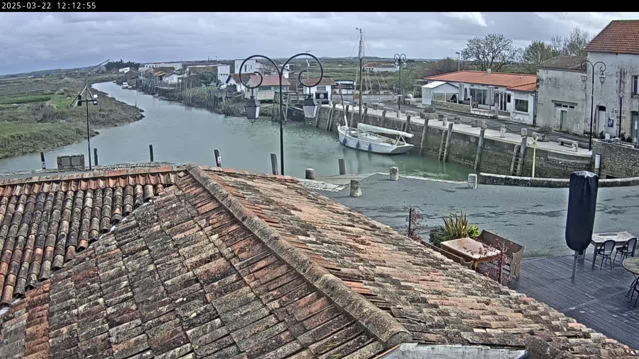 A sailboat is moored in a calm harbor next to a village under an overcast sky, viewed from a tiled rooftop.