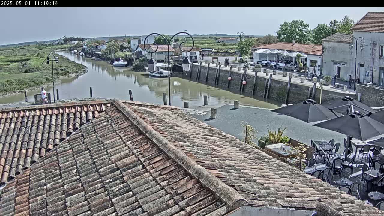 A canal scene on a sunny day, viewed from a tiled roof, shows boats moored along the waterfront, buildings with outdoor seating, and a person riding a bicycle on a pathway.