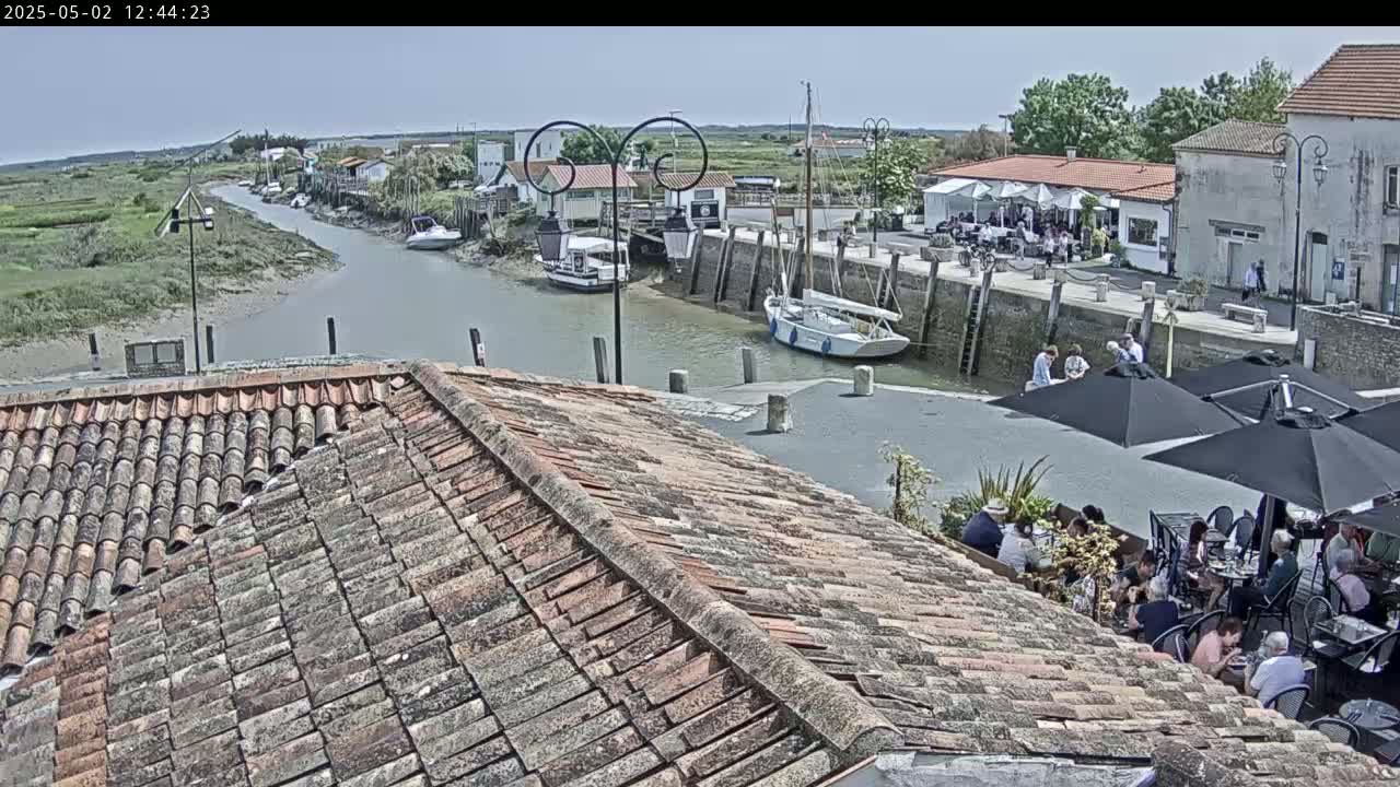 A waterfront scene on a sunny day shows a canal with boats, a village with buildings and outdoor seating areas filled with people under umbrellas, viewed from a tiled roof.