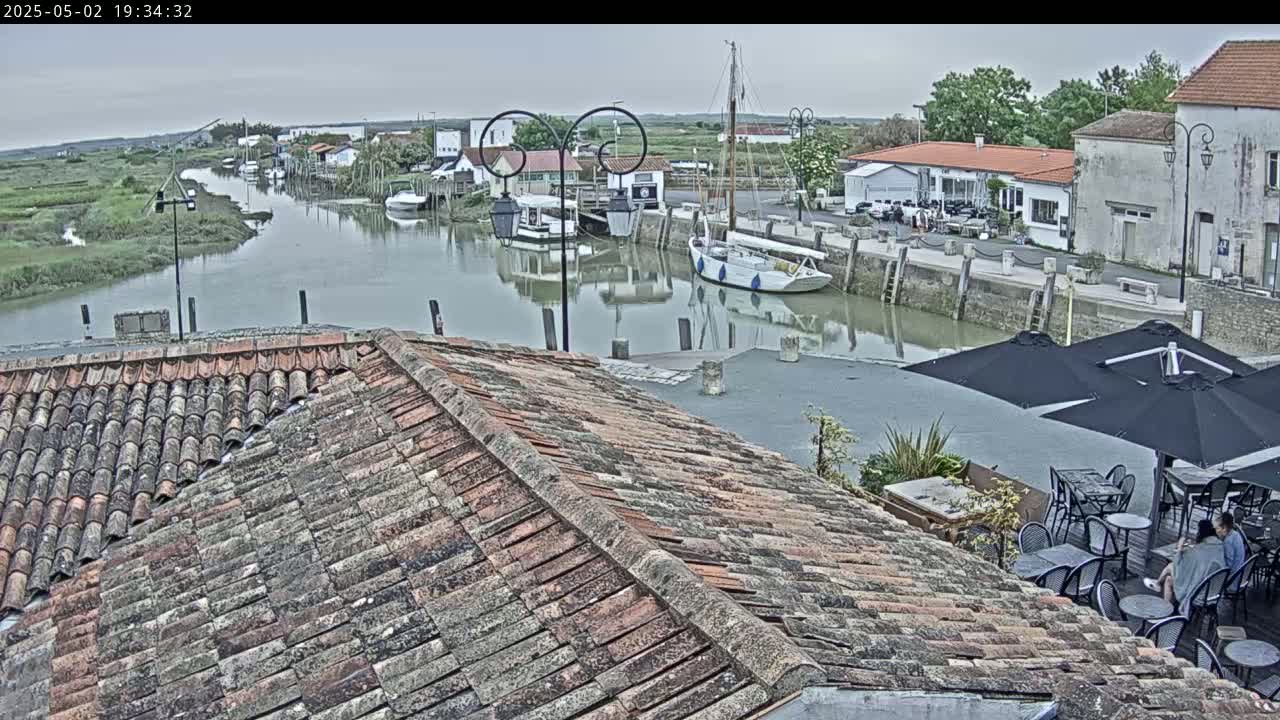 An overcast day reveals a tranquil waterway lined with buildings, boats, and an outdoor seating area with umbrellas.