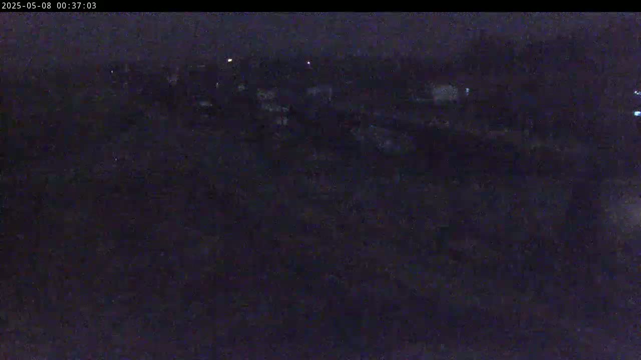 A dark, nighttime view of a dimly lit landscape with a few distant lights.