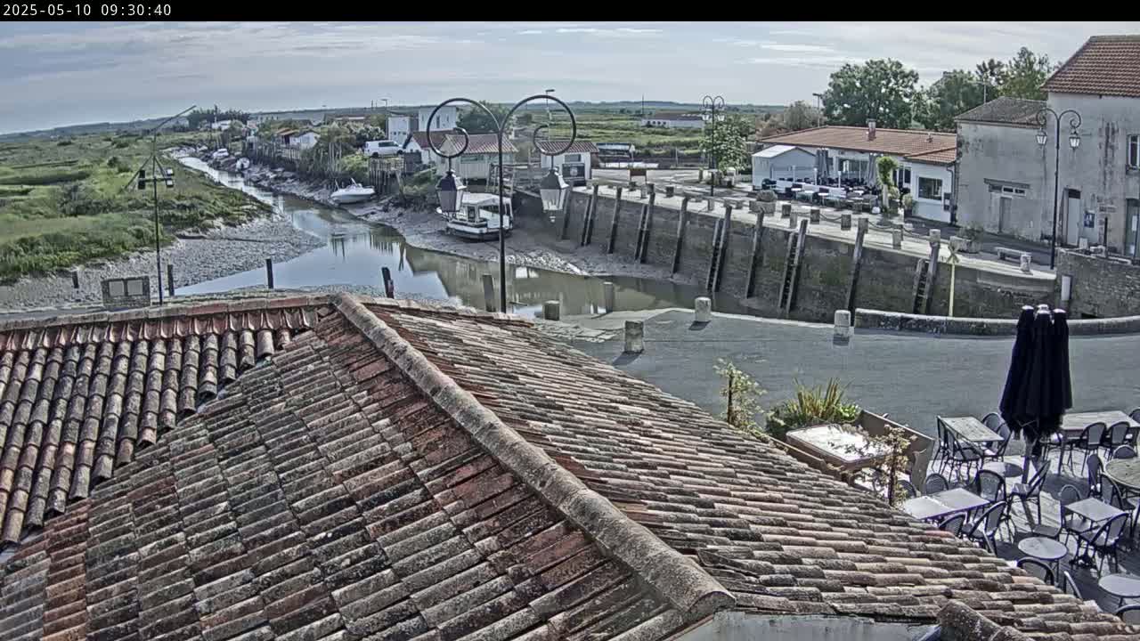 A tiled roof overlooks a calm waterway in a small village under a partly cloudy sky.