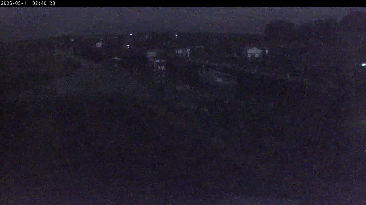 A dark, nighttime view of a residential area under a cloudy sky.