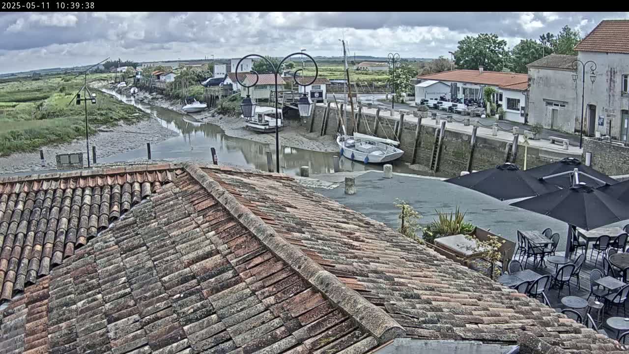 A tiled roof overlooks a calm waterway with docked boats and a village under a partly cloudy sky.