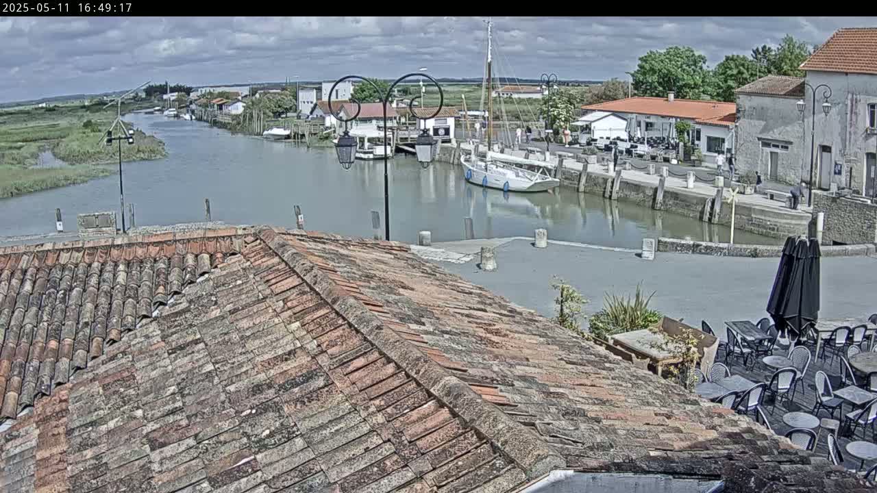 A partly cloudy day overlooks a canal with boats and buildings, seen from a tiled rooftop.