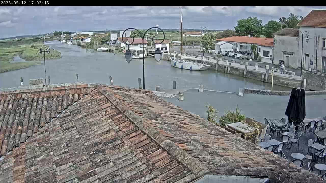 A mostly cloudy day overlooks a canal scene with boats moored alongside buildings, viewed from a tiled roof with outdoor seating visible below.