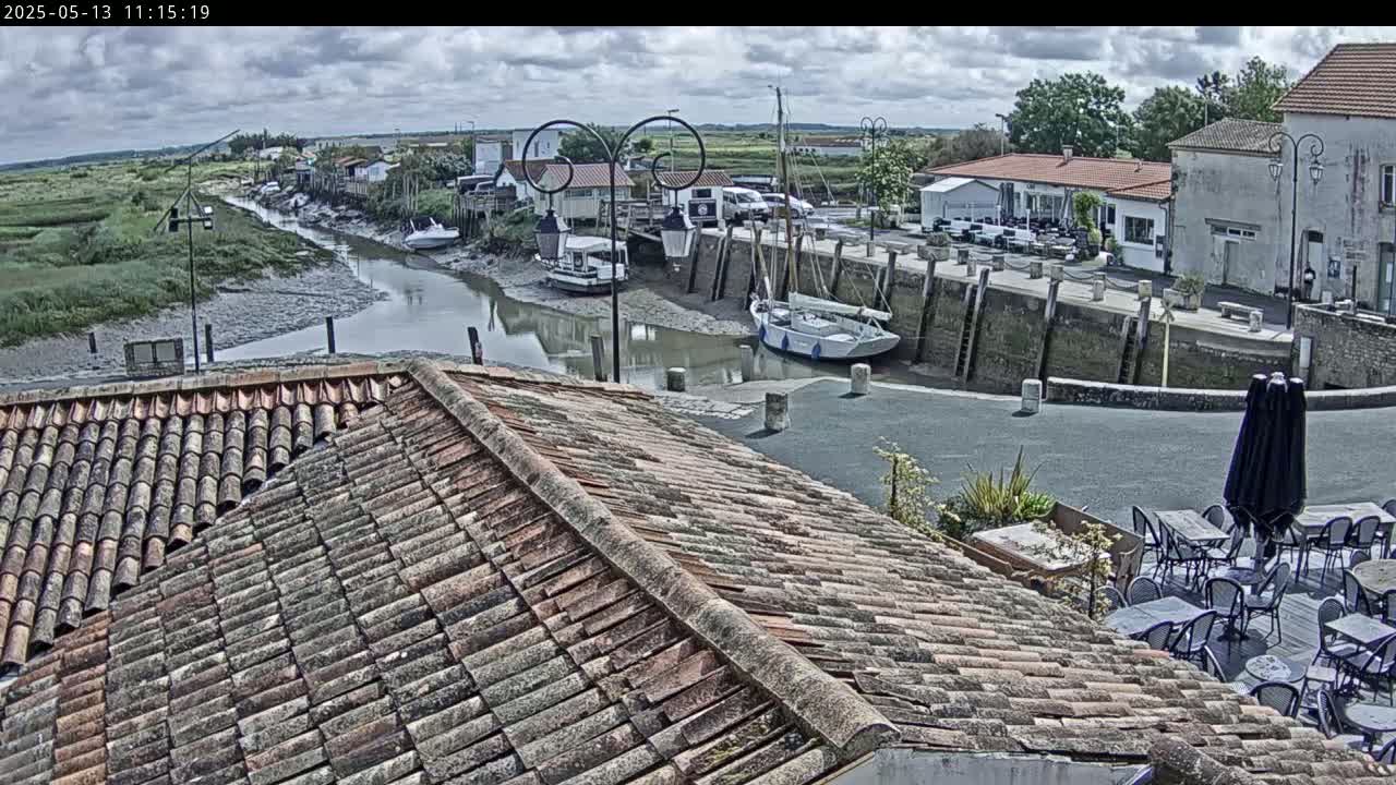 A partly cloudy day reveals a waterfront scene with boats moored in a narrow waterway, alongside buildings and outdoor seating under a partially open umbrella.