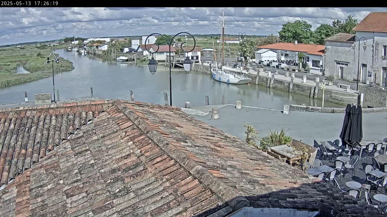 A partly cloudy day reveals a canal-side village with boats moored along a stone quay, viewed from a tiled rooftop overlooking outdoor seating.