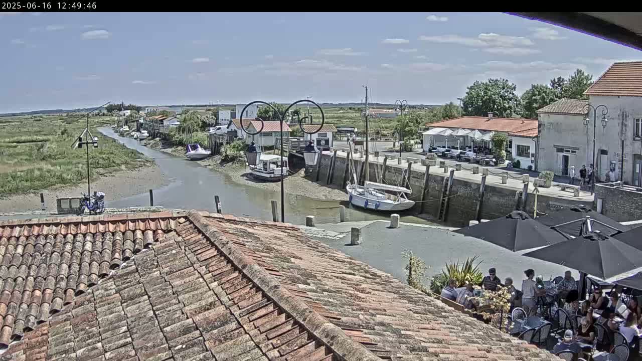 A partly cloudy day reveals a quaint waterfront village with boats moored along a narrow waterway, and people are dining at outdoor tables near the harbor.