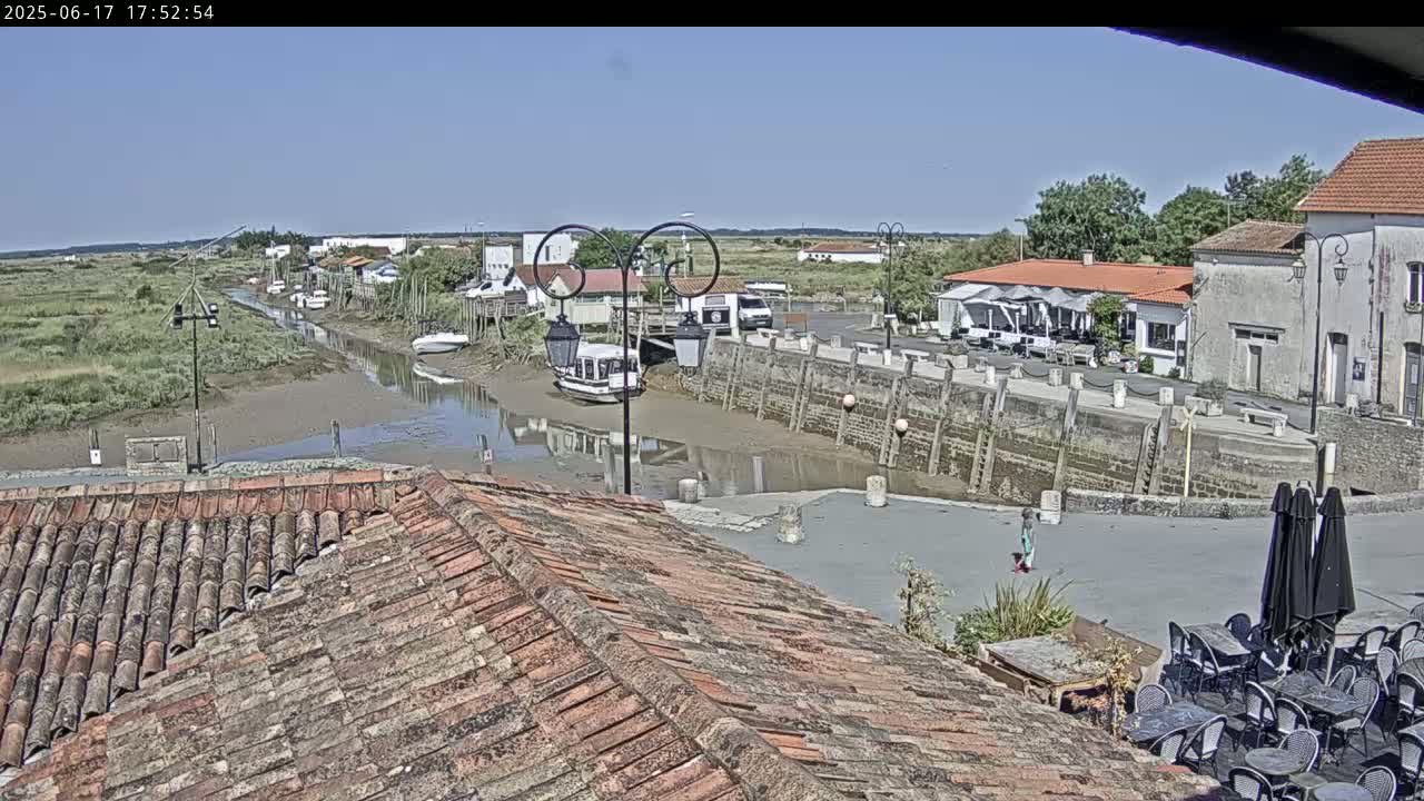 A sunny view overlooking a calm waterway with boats docked, buildings lining the shore, and a tiled roof in the foreground.