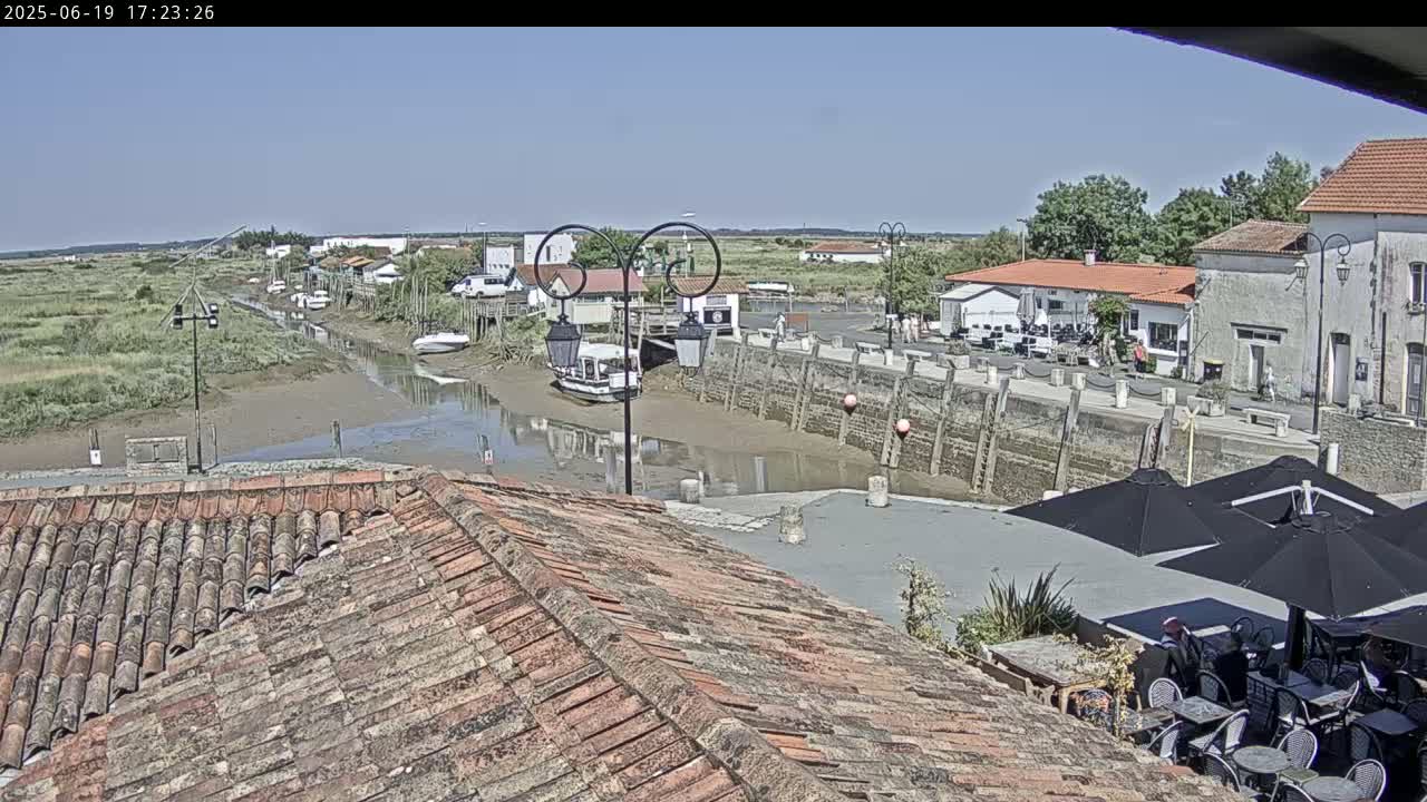 A sunny day overlooking a tidal harbor with boats, buildings, and outdoor seating.