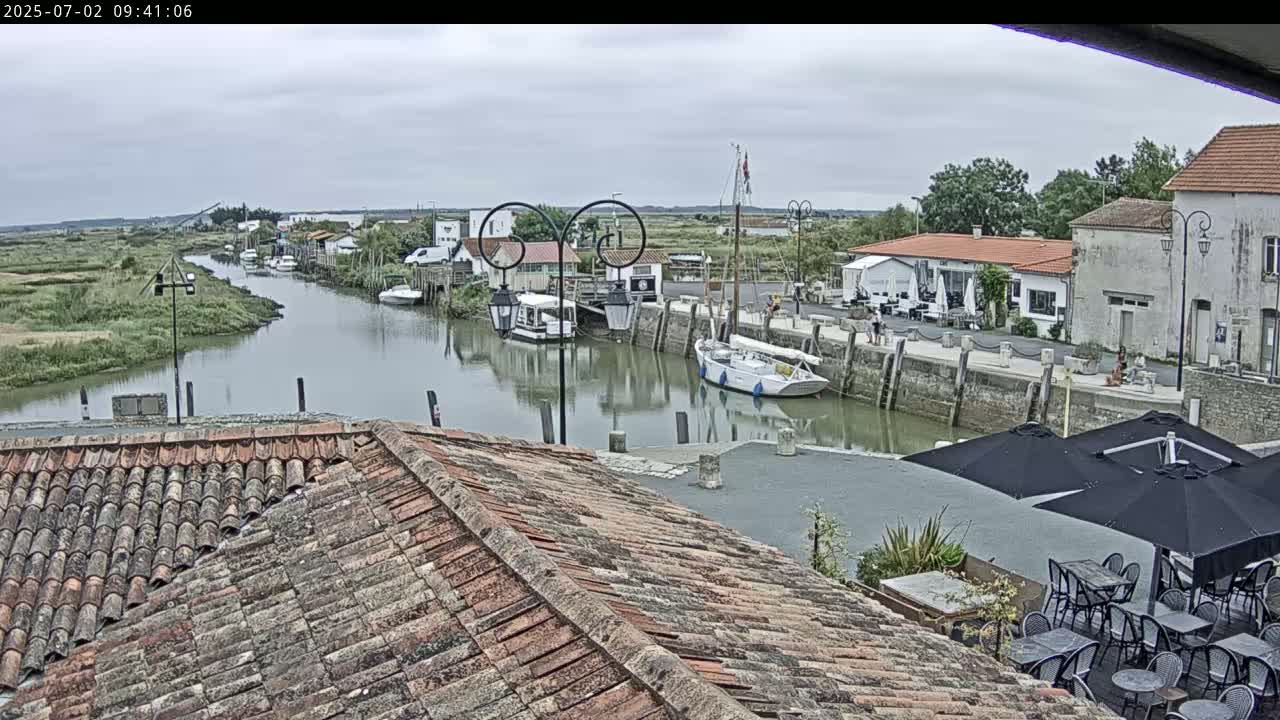 Overcast skies look down on a canal scene with several moored boats, buildings lining the waterway, and an outdoor seating area with umbrellas.