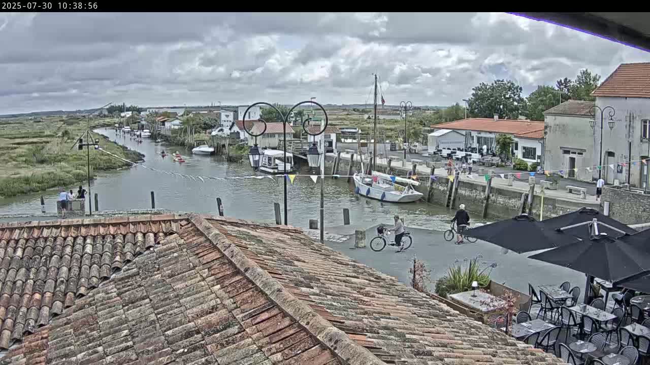 A canal scene on an overcast day shows several small boats, kayakers, cyclists, and people walking along a waterfront lined with buildings and outdoor seating.